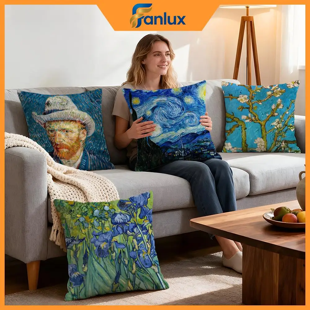 Kissenbezug „Künstler Van Gogh“, 4 Stück, dekorative Bezüge, weicher Kissenbezug für Sofa, Couch, Dekoration, 40 x 40, 45 x 45 cm, Kissenbezüge Image