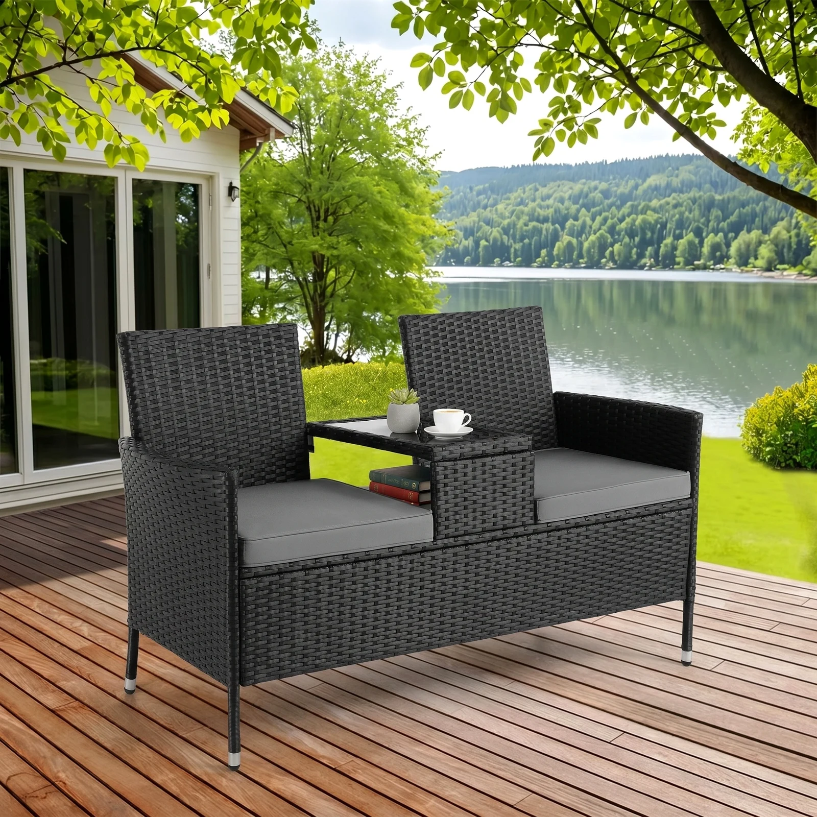 Rattan Gartenmöbel Set mit integriertem Tisch und Kissen,2-Sitzer Balkonmöbel Set,Groß Polyrattan Gartenbank,Wetterfest ,Bequem,Atmungsaktiv,120X54X83cm,Tragfähigkeit 200 kg,für