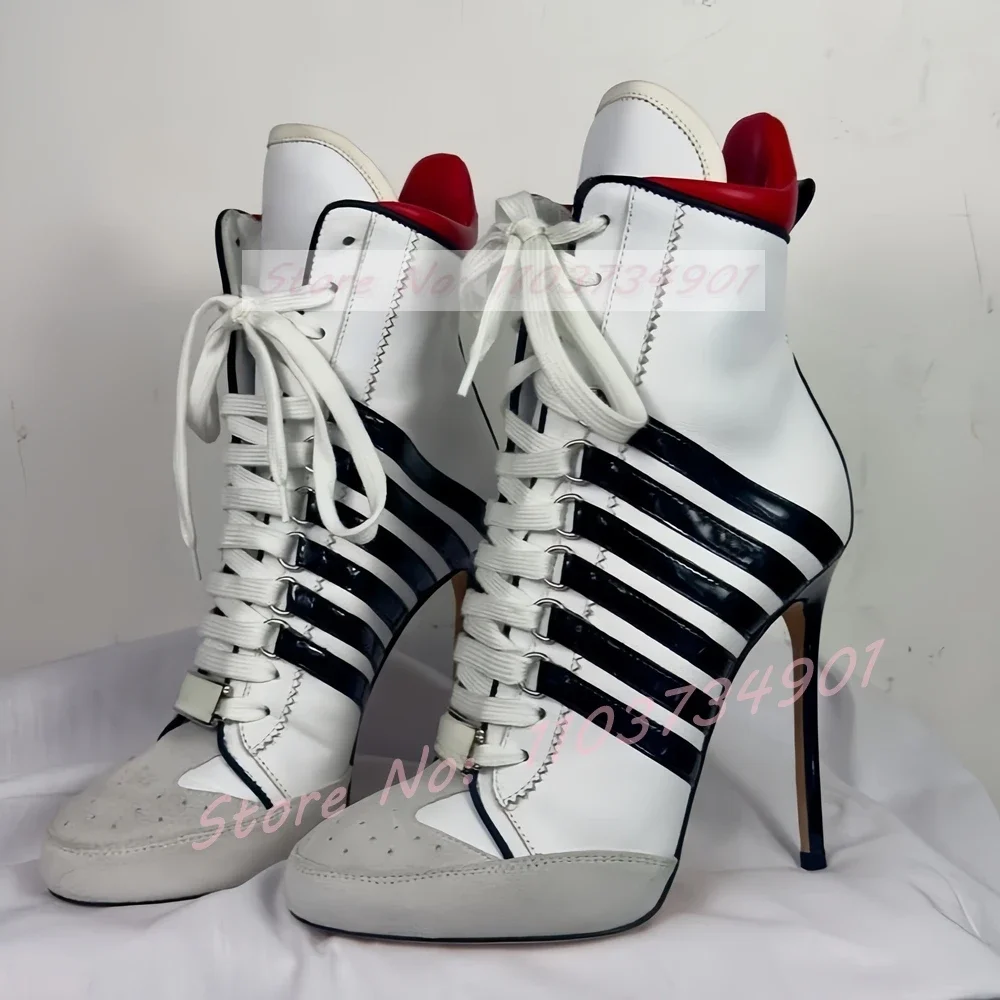 Weiß High Top Sneaker Heels Stiefel Frauen Sexy Patchwork Runde Kappe Lace-up High Heels Stiefel Damen Luxus Party stiletto Schuhe