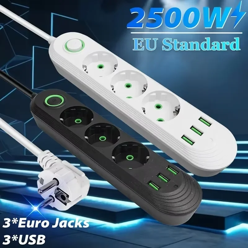 2500W USB EU-Steckdosen 2m Kabel Steckdosenleiste 3/4/5-fach mit Verlängerungskabel AC-Steckdose Elektrischer Ladeadapter Image