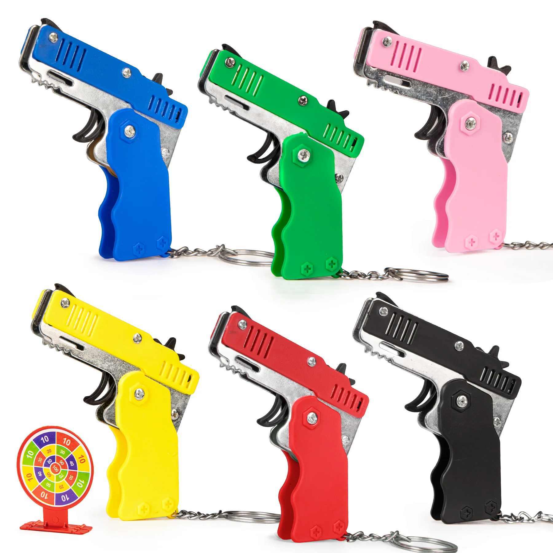 Gummibandpistole, Mini-Legierung, faltbar, Spielzeugpistole, Schlüsselanhänger, schnelles Schießen, 6 Gummis, Spielzeugpistole, kommt mit Gummibändern Image
