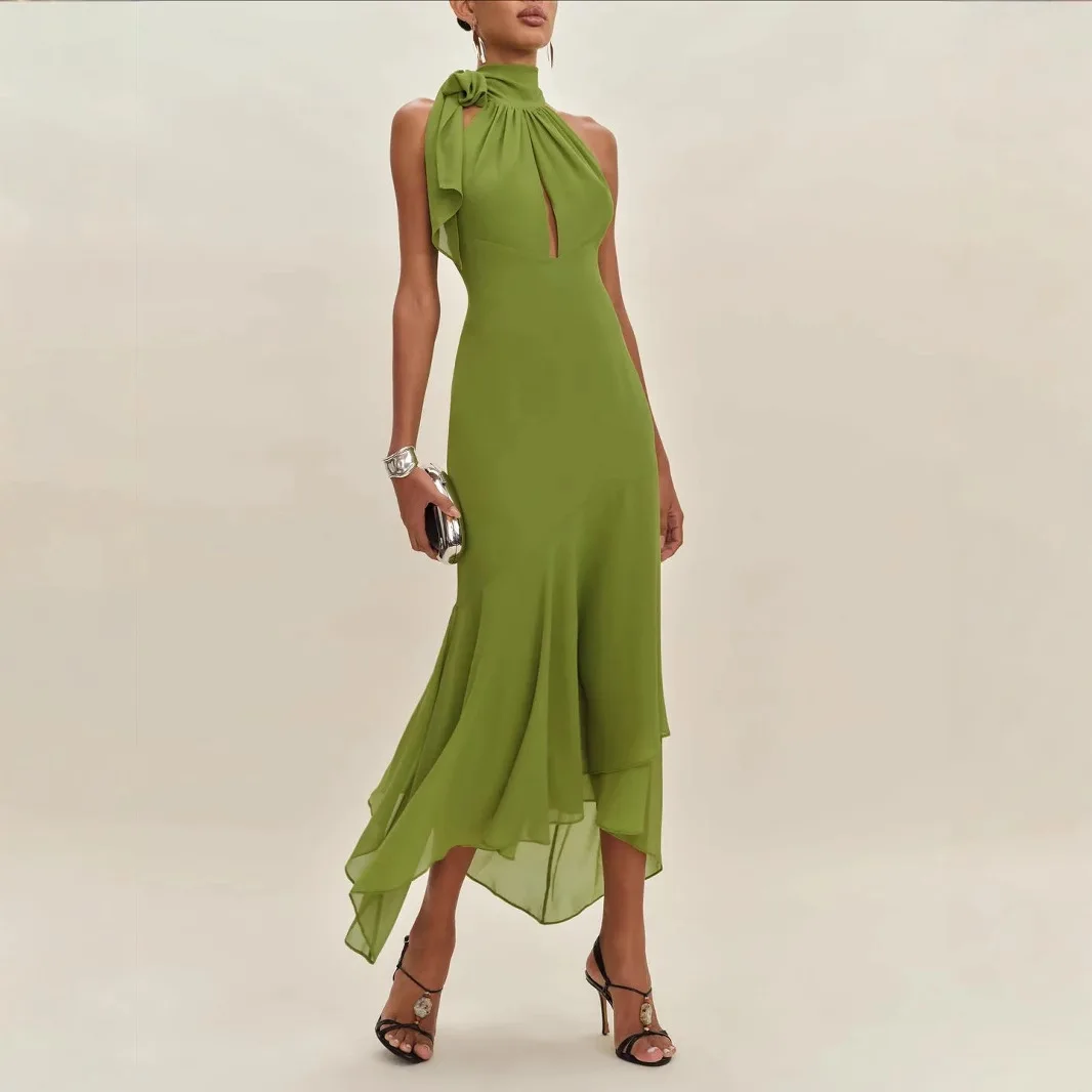 Elegante Damen-Neckholder-Kleider, asymmetrisch, grün, rückenfrei, mit Schnürung, Partykleid, elegantes Rüschen-Bankett-Vestido
