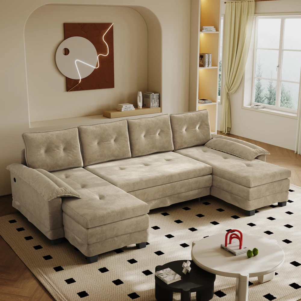 U-förmiges Modulares Schlafsofa mit Ausziehfunktion, USB-Ladeanschluss und Abnehmbaren Armlehnen, Großes Wohnzimmersofa