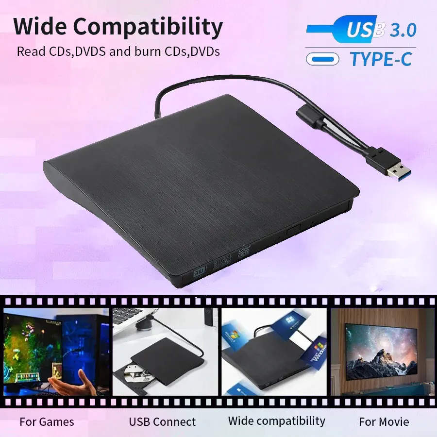 USB 3.0 Typ-C DVD-Brenner 2-in-1 Schlanker Externer Rekorder Tragbares CD-RW DVD-ROM Optisches Laufwerk Schreiber Lesegerät Player für PC Laptop Image