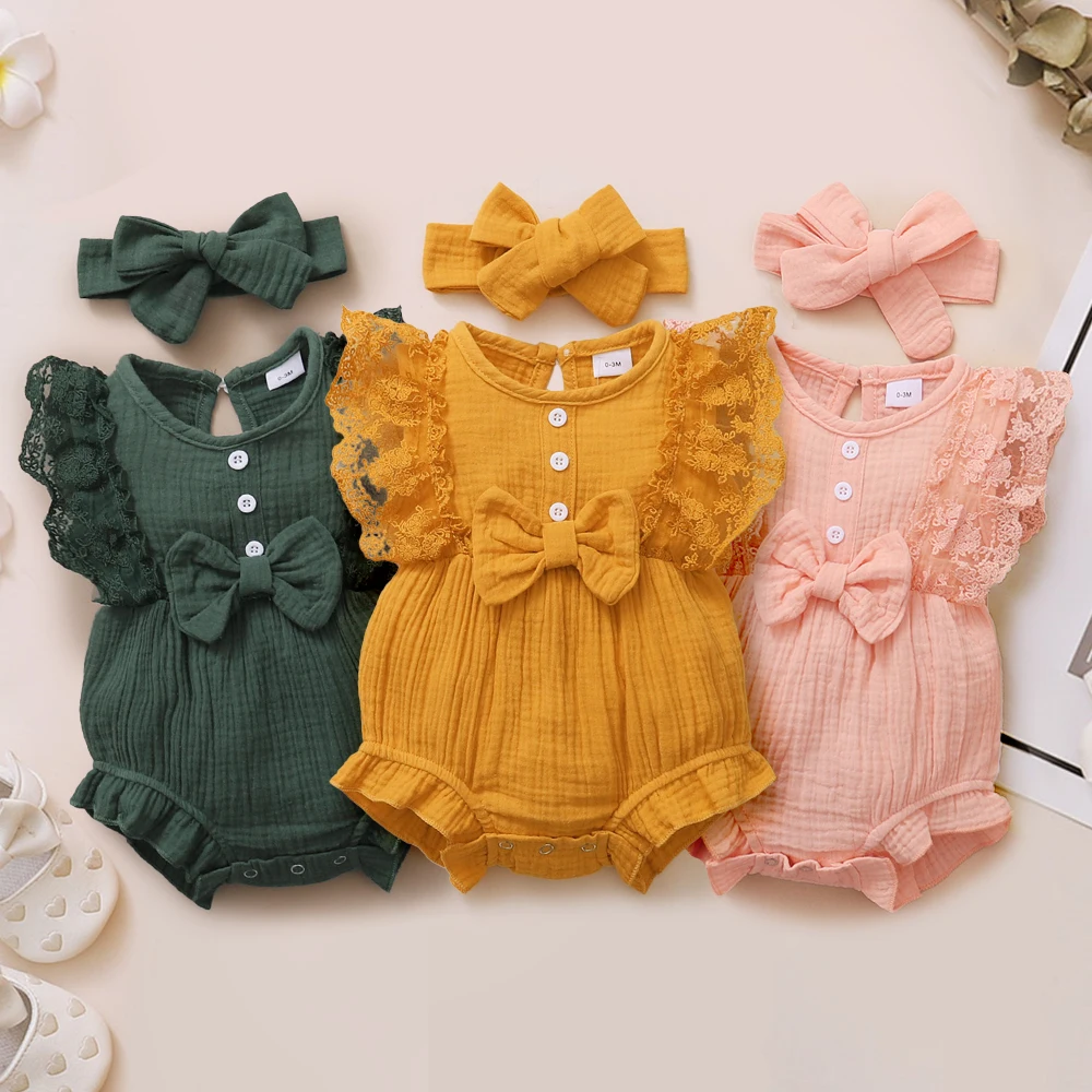 0-18 Monate alt Neugeborene einfarbig ärmellose Rundhals ausschnitt Spitze Rand Bogen Stram pler Stirnband Baby Mädchen Sommer neuen lässigen Overall Image