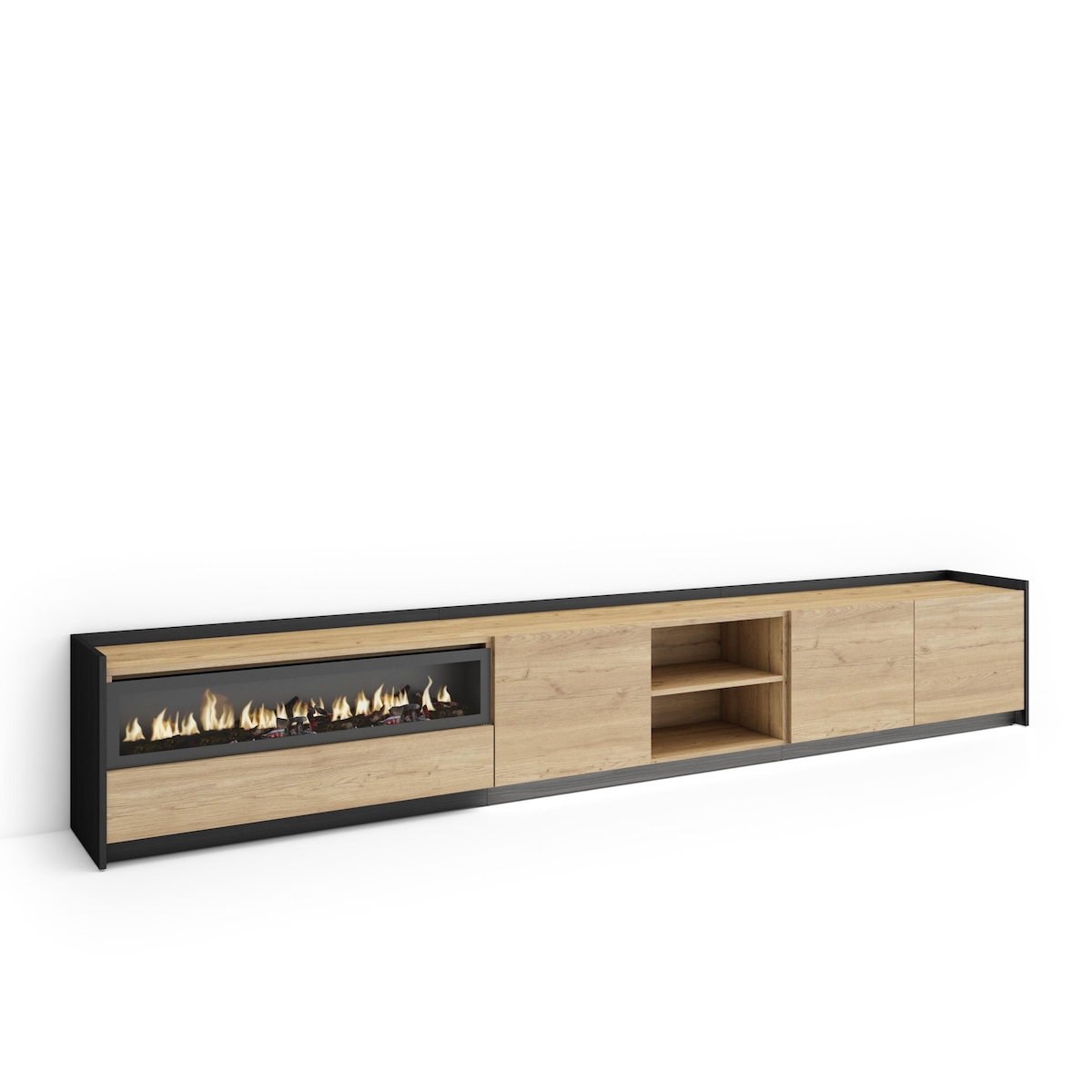 SKRAUT HOME TV-Schrank, Lowboard, 310x50x37 cm, Für TV-Geräte bis zu 80", Elektrokamin., LED, Eiche Schwarz Image