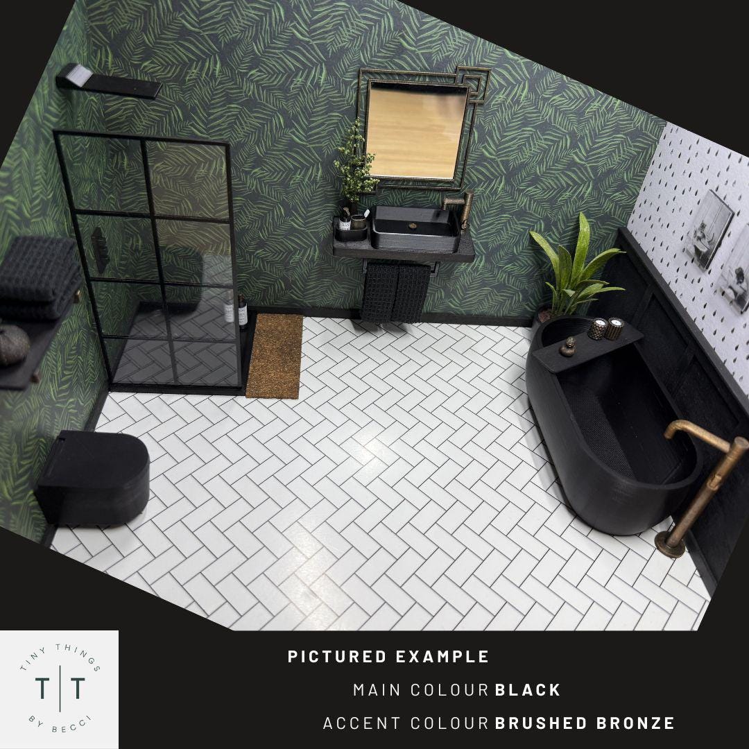 Set da bagno per casa delle bambole in scala 1:12, mobili da bagno moderni in miniatura, vasca da bagno, WC e lavabo, stile scandinavo, accessori stam