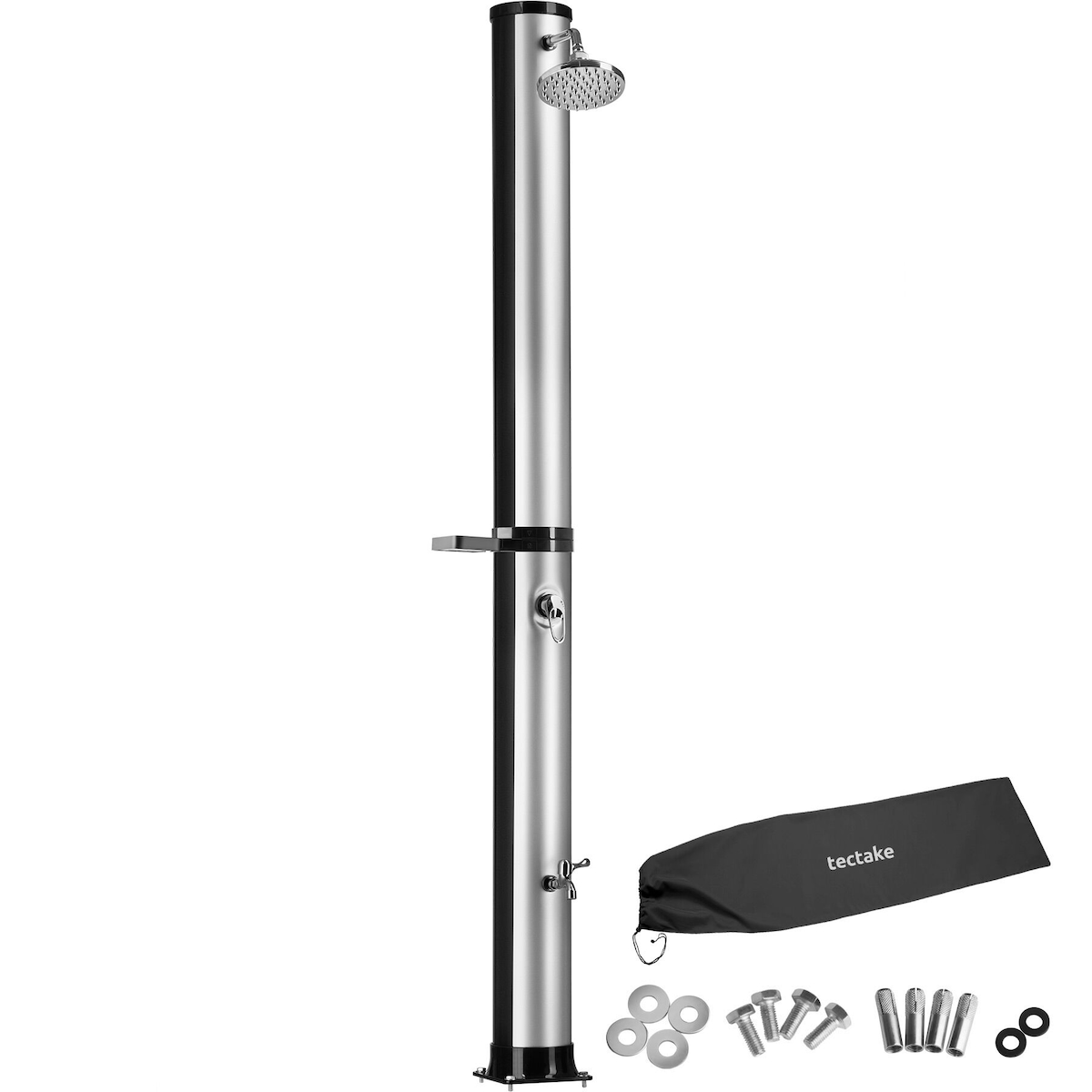TecTake GmbH tectake Solardusche Orinoco, 40 l Wassertank, Regenduschkopf drehbar, Fußdusche, 222x29x47,5 cm, schwarz/silber Image