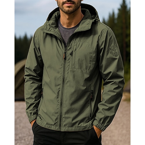 Herren Outdoorjacke Wanderjacke Sportjacke Außen Wasserdicht Winddicht Schnelltrocknend Leicht Wanderoutfits Wanderbekleidung Frühling Herbst Jacke Tennis Golfspiel Laufen Einfarbig Schwarz Armeegrün Image
