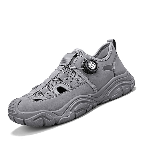Beigefarbene Herren-Sportsandalen mit Klettverschluss, geschlossene Zehenpartie, atmungsaktives Mesh-Obermaterial, bequemer Outdoor-Stil für Herren, ideal für Strandurlaub, Inselabenteuer und Spaziergänge. Image