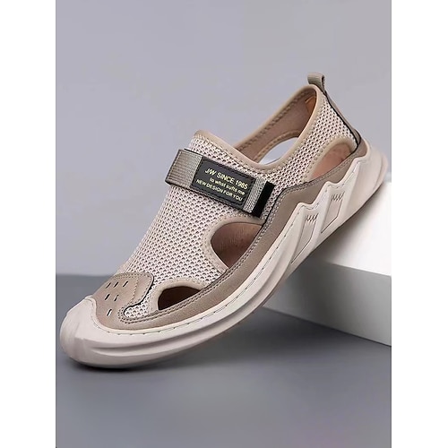 Beigefarbene Herren-Sportsandalen, geschlossene Outdoor-Schuhe mit Klettverschluss, atmungsaktiv und bequem, ideal für Strandurlaub, Resortreisen und Freizeitreisen. Image