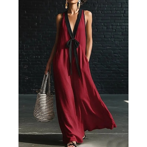 Damen Maxikleid Kleider in Leinenoptik Sommerkleid A Linie Kleid Lässig Täglich Party Ferien Lässiger Schnitt Einfach Ärmellos V Ausschnitt Blau Hellgelb Weiß Rote Sommer Image