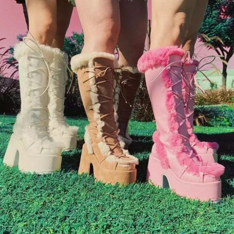 Neue Winter Frauen Schnee Stiefel Plattform Keil Hohe Ferse Faux Pelz Dame Schuhe Weibliche Plüsch Warme Non-slip Mittlere waden Stiefel Goth Schuhe
