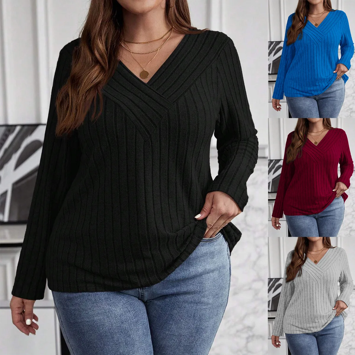 5XL Plus Größe Elegante Casual Frau T-Shirt Mode Lose Große Größe Shirts Frühling Frauen Solide V-ausschnitt Langarm Schwarz Grau Tops