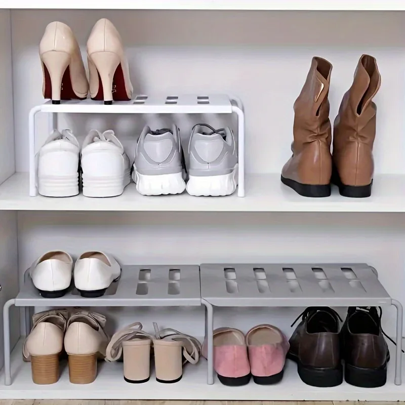 Verstellbares Schuhregal aus Kunststoff, mehrstufiger Aufbewahrungsorganizer, platzsparend für Sneaker, Hausschuhe, Zuhause, Wohnheim, Kleiderschrank, Weiß, Grau, Modern