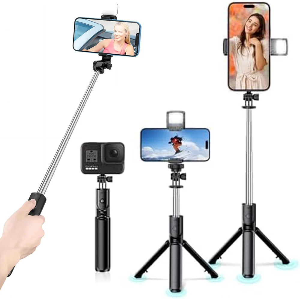 Bluetooth Wireless Selfie Stick Stativ mit Licht Fernbedienung Ausziehbares Stativ für iPhone Handy Tiktok Live Streaming Image