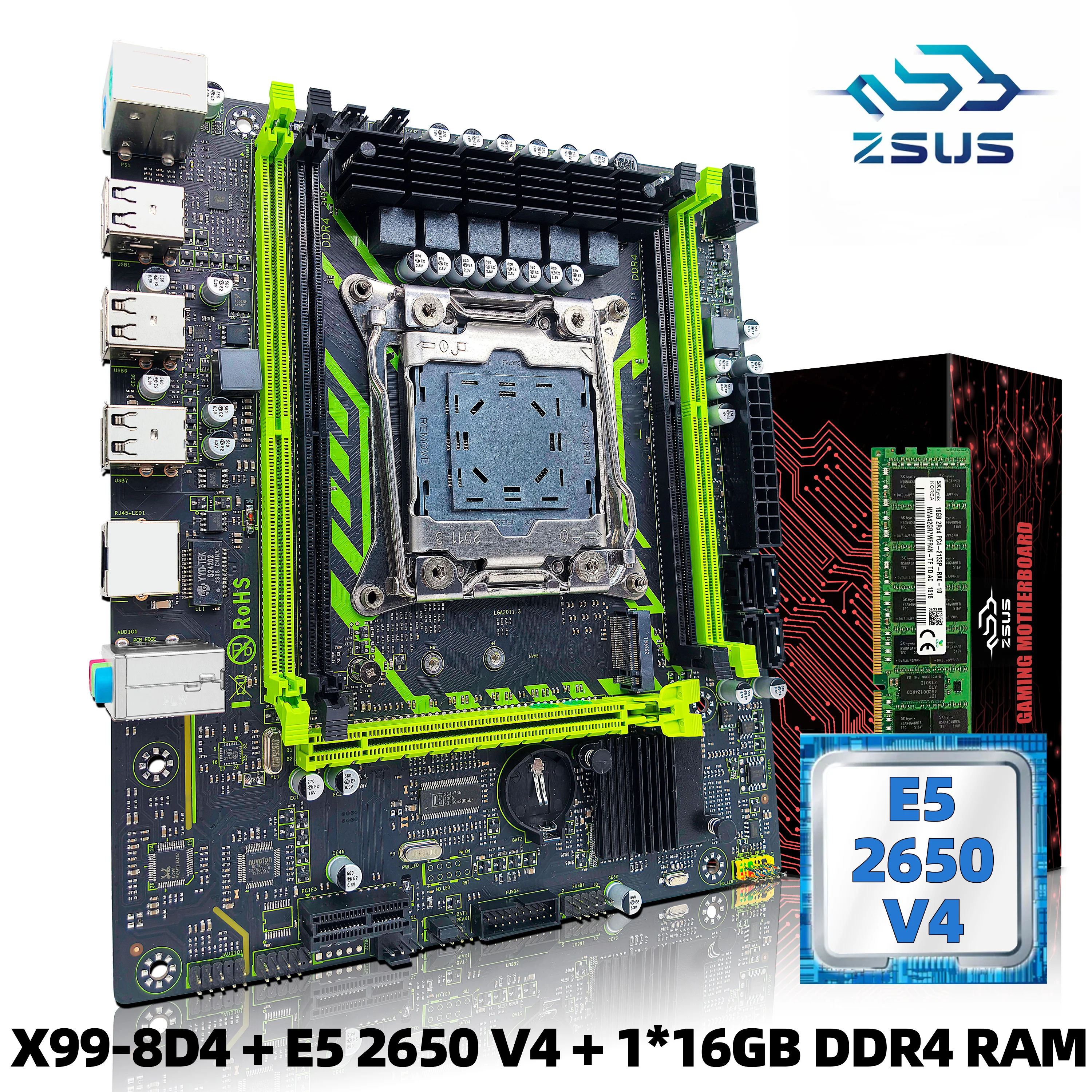 ZSUS X99-8D4 Motherboard-Set mit LGA2011-3 Xeon E5 2650 V4 CPU DDR4 16 GB (1 * 16 GB) 2133 MHz RAM-Speicher NVME M.2 SATA Image