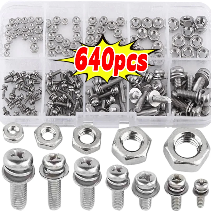 Edelstahl-Flachkopfschrauben, Muttern-Sortiment-Set, runde flache Kappe, Metallmutter, Schrauben, Unterlegscheiben-Set, Hardware-Werkzeuge, M2, M2,5, M3, M4, M5 Image
