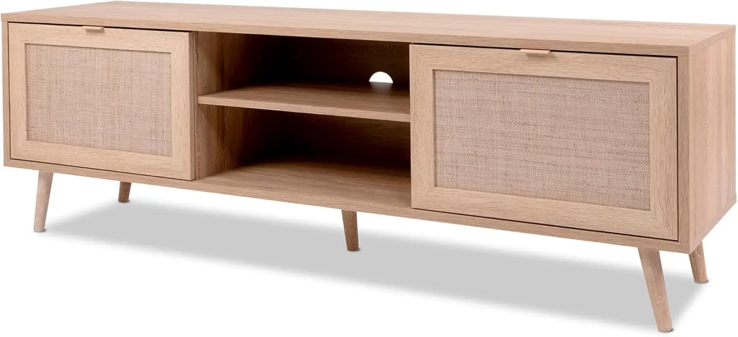 TV-Lowboard hellbraun mit 2 Türen und 2 offenen Fächern, moderne Eichen-Optik, TV-Bank aus Holzwerkstoff mit Rattan-Optik Image