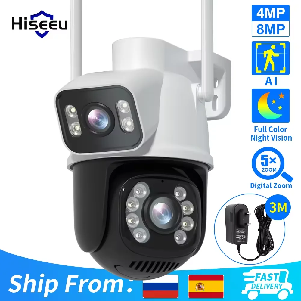 Hiseeu 4K 8MP PTZ WLAN IP-Kamera mit zwei Objektiven, 5-fach Zoom, farbige Nachtsicht, drahtlose Überwachungskameras, Sicherheitsschutz Image