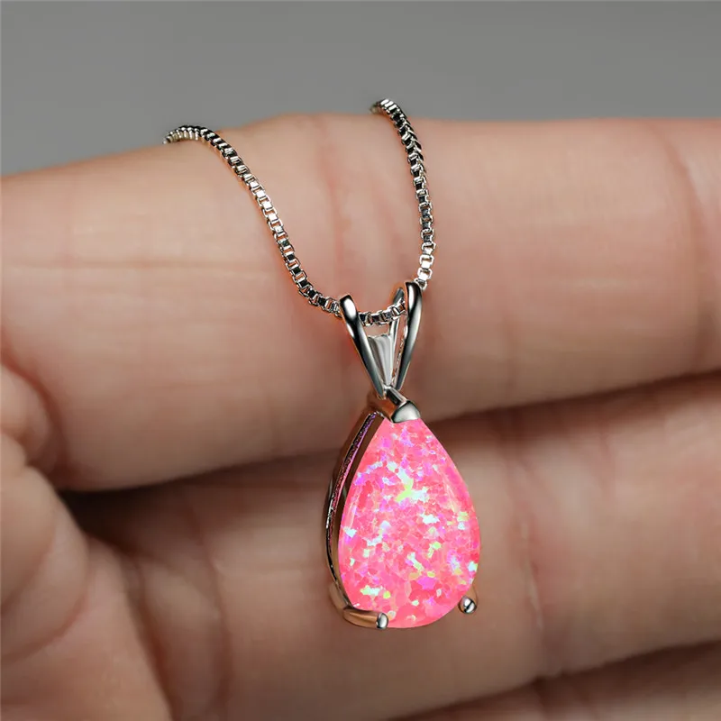 Nette Weibliche Große Wasser Tropfen Stein Anhänger Blau Grün Rosa Opal Halskette Vintage Silber Farbe Hochzeit Schmuck Für Frauen