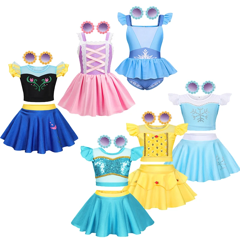 Kinder Badeanzug Mädchen Prinzessin Jasmin Badeanzug Split Set Mädchen Beachwear Pool Party Kinder Anna Elsa Bademode mit Sonnenbrille Image