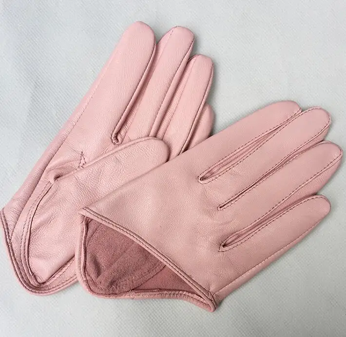 Frauen natürliche schaffell leder solide rosa farbe halb palm handschuhe weiblichen echtem leder mode kurze fahr handschuh R1171