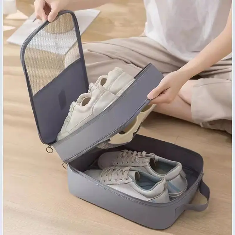Tragbare Reise-Schuhtasche mit Netzfenster Staubdichter Wasserdichter Schuh-Organizer Beige Schuhbeutel für Gepäck Koffer Fitness