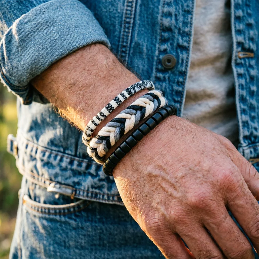 3-teiliges Vintage-Armband-Set für Herren, geflochtenes Seil-Armband mit schwarzen Holzperlen, Schmuckset Image