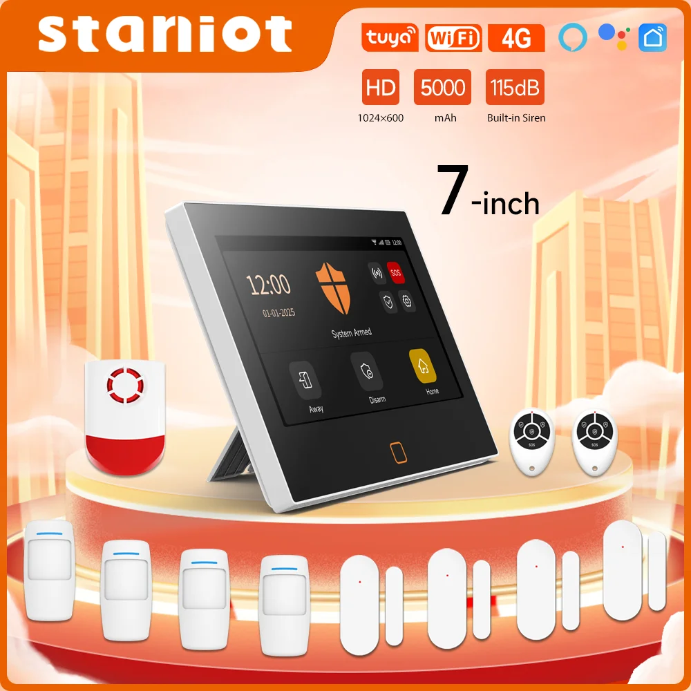 Staniot 7-Zoll-Hausalarmsystem, kabelloses WiFi, 4G, Tuya Smart Security Protection Kit, integrierte 115 dB lauterer Sirene, 5000 mAh Akku Image