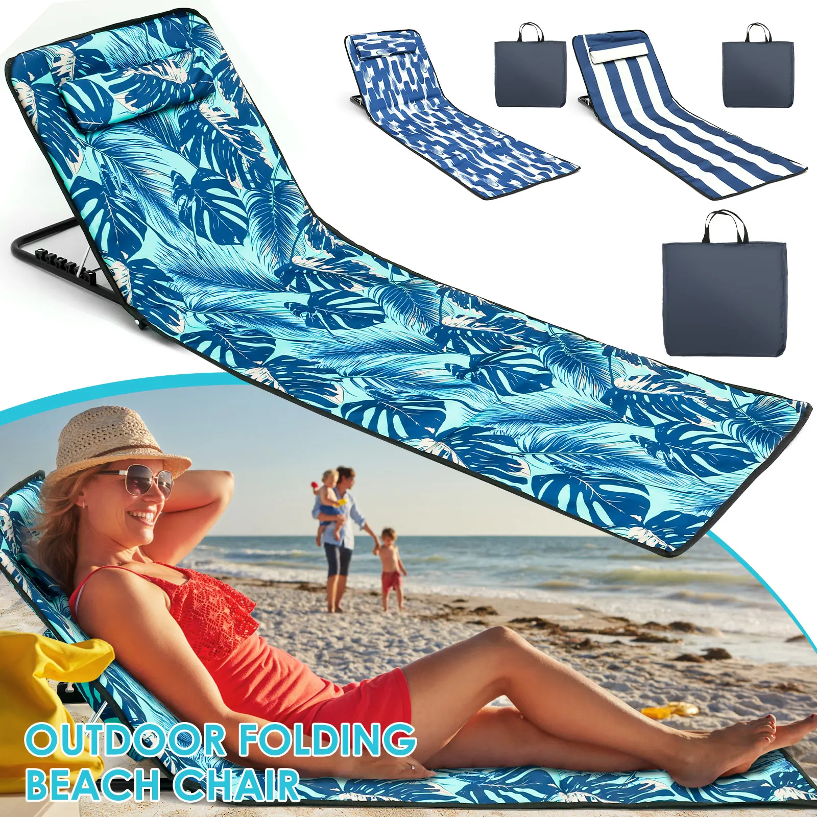 Strand-Sonnenstuhl-Matte, Oxford-Stoff, wasserdicht, zum Sonnenbaden, Liegestuhl mit Tasche, verstellbarer Neigungswinkel, tragbar, zusammenklappbar, Bräunungsmatte Image