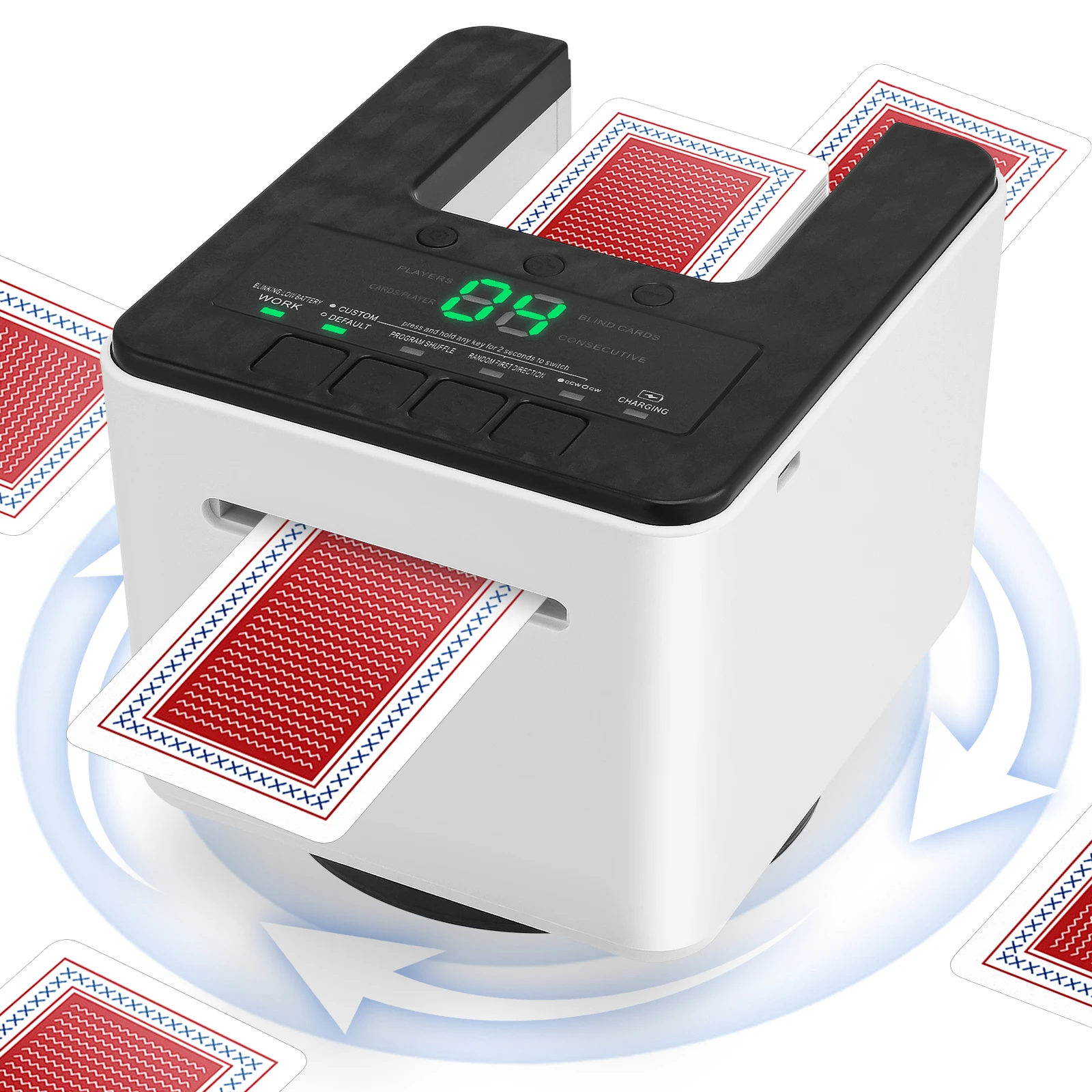 Automatischer Kartenhändler, Kartenhändler für 1–8 Spieler, scheuernfrei, um zufällige Handelung, drehbar, um 360–2 Decks, wiederaufladbar über USB Image