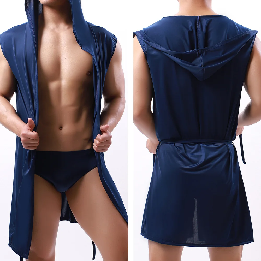 Männer Neue Eis Seide Mit Kapuze Ärmellose Sexy Dünne Bademantel Pijama Hombre Bequem und Atmungsaktiv Einfarbig Bad Robe Kleid Image