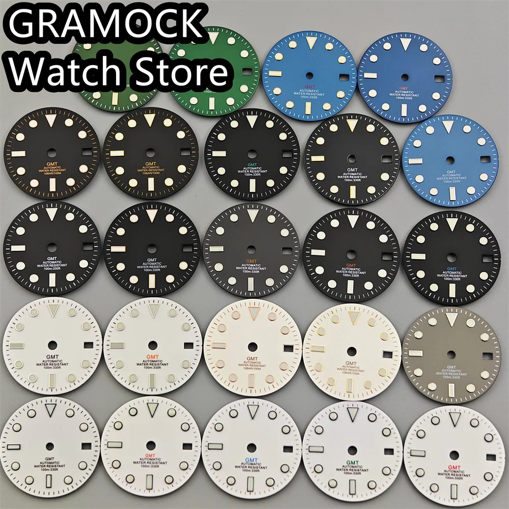 Gramock 29mm steriles Zifferblatt schwarz weiß Zifferblatt weiß schwarz grün blau rot orange gmt Text c3 grün leuchtend fit nh34 Uhrwerk