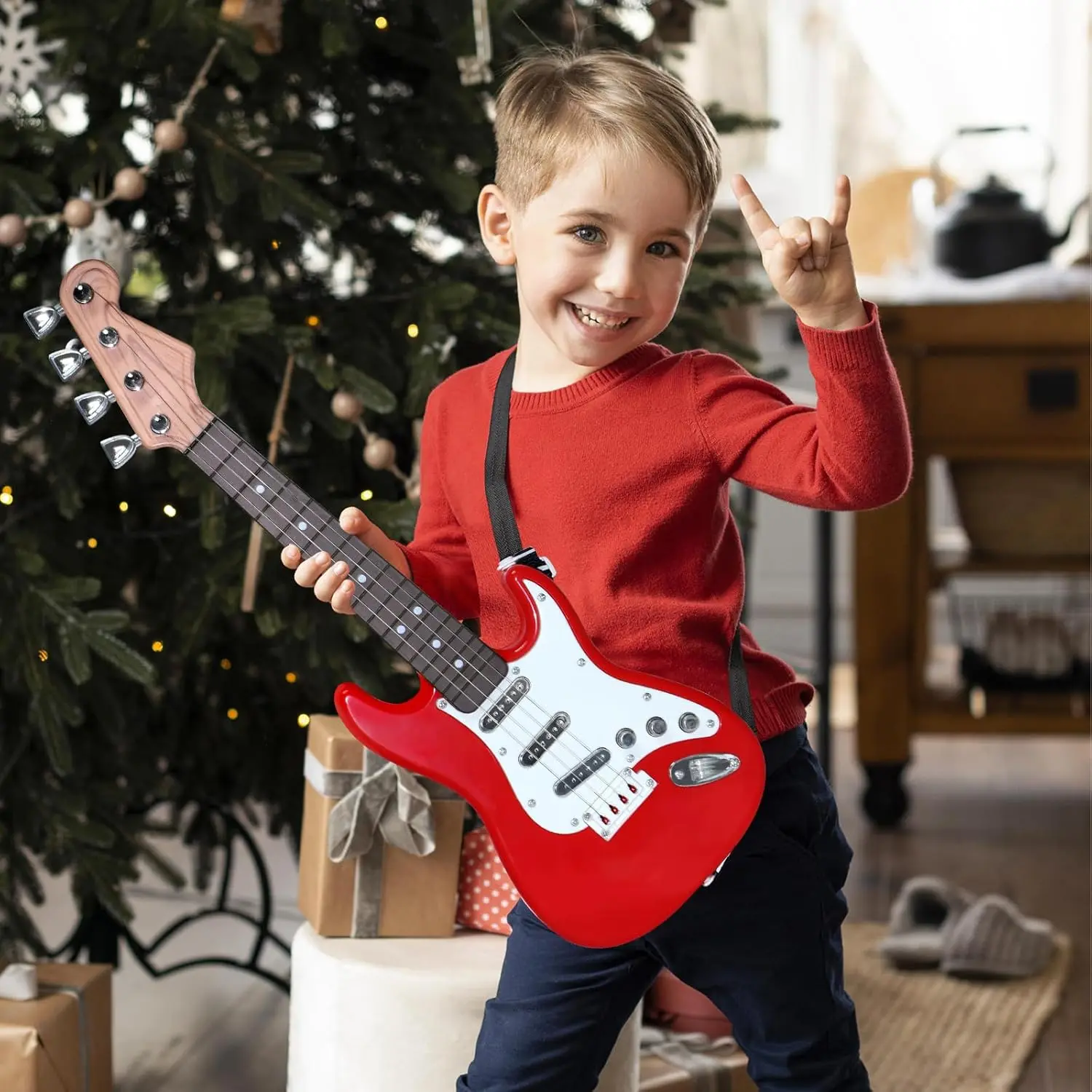 E-Gitarrenspielzeug für Kinder – 4-saitiges multifunktionales elektronisches Musikinstrument, tragbare Kindergitarre Image