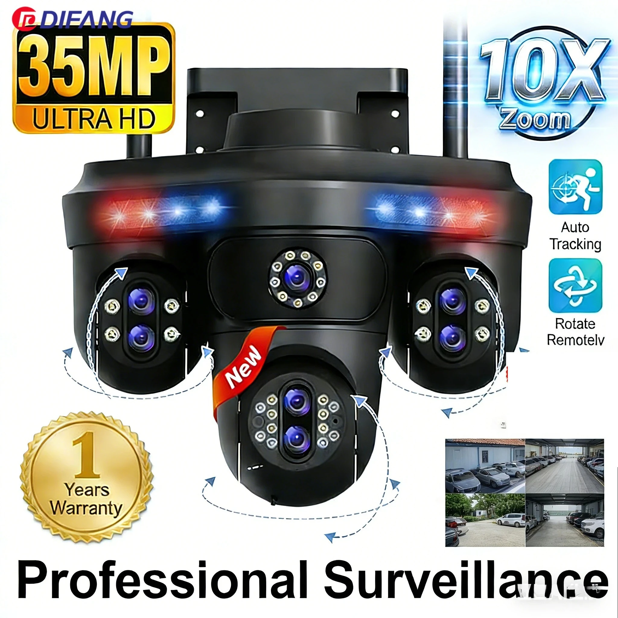 DIFANG 4 Bildschirme 7 Objektiv 35 MP WiFi IP-Kamera 10-facher Zoom Outdoor 360 ° Drei PTZ-Überwachungskameras mit automatischer Verfolgung für CCTV-Überwachungskameras
