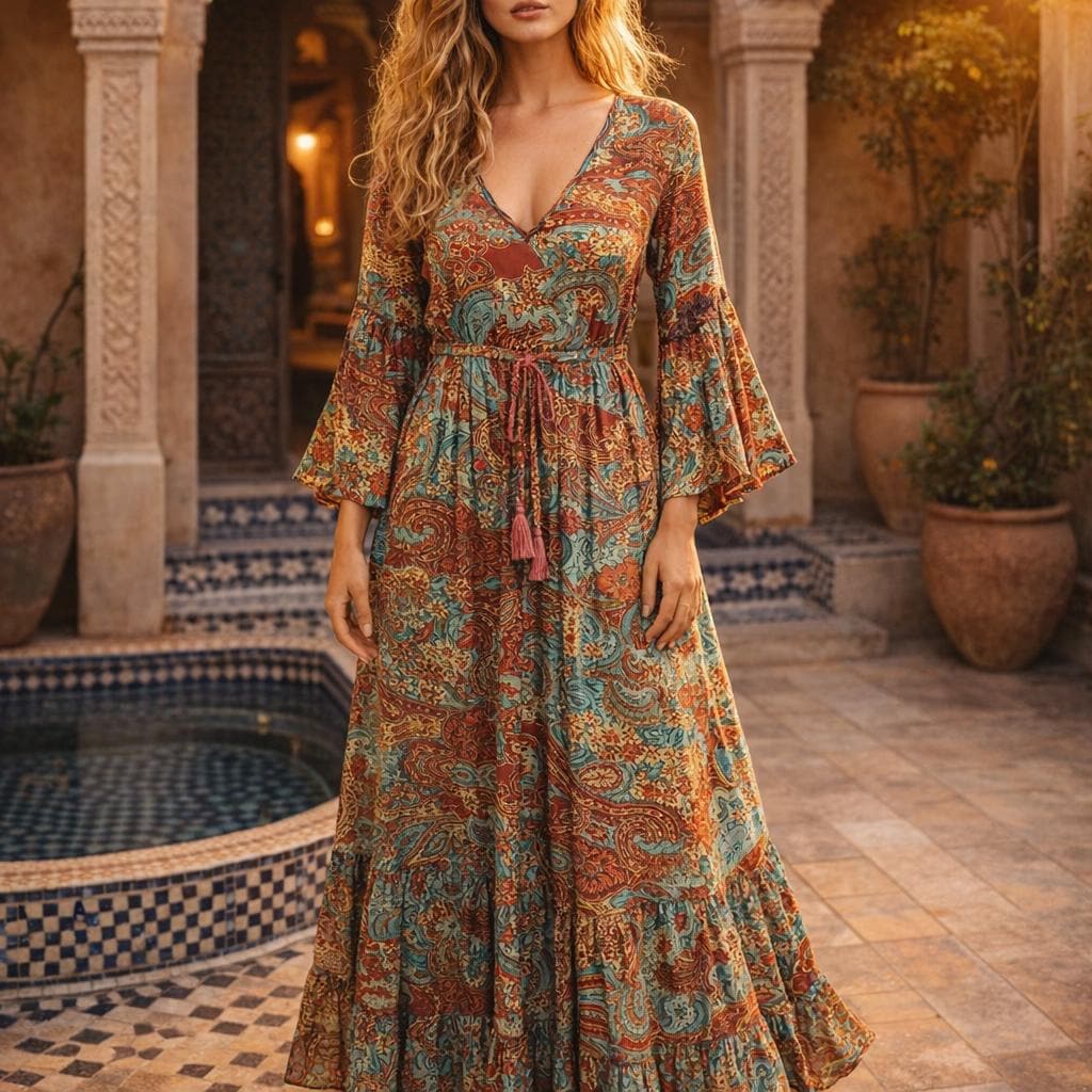 Abito lungo boho da donna, abito svolazzante da festival, abito bohémien vintage con stampa paisley, abito estivo con scollo a V, abito lungo hippie g