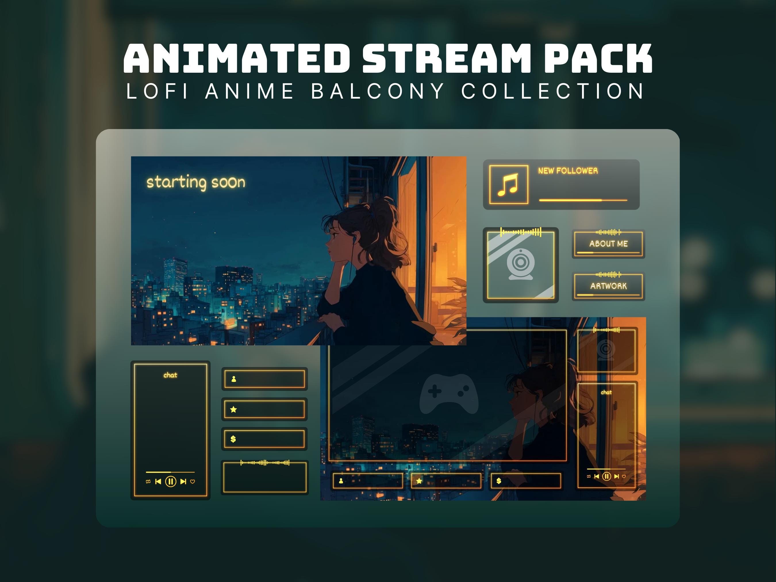 Pacchetto streaming anime Lofi: accogliente overlay Twitch, pacchetto Twitch lo-fi animato, schermate di streaming retrò