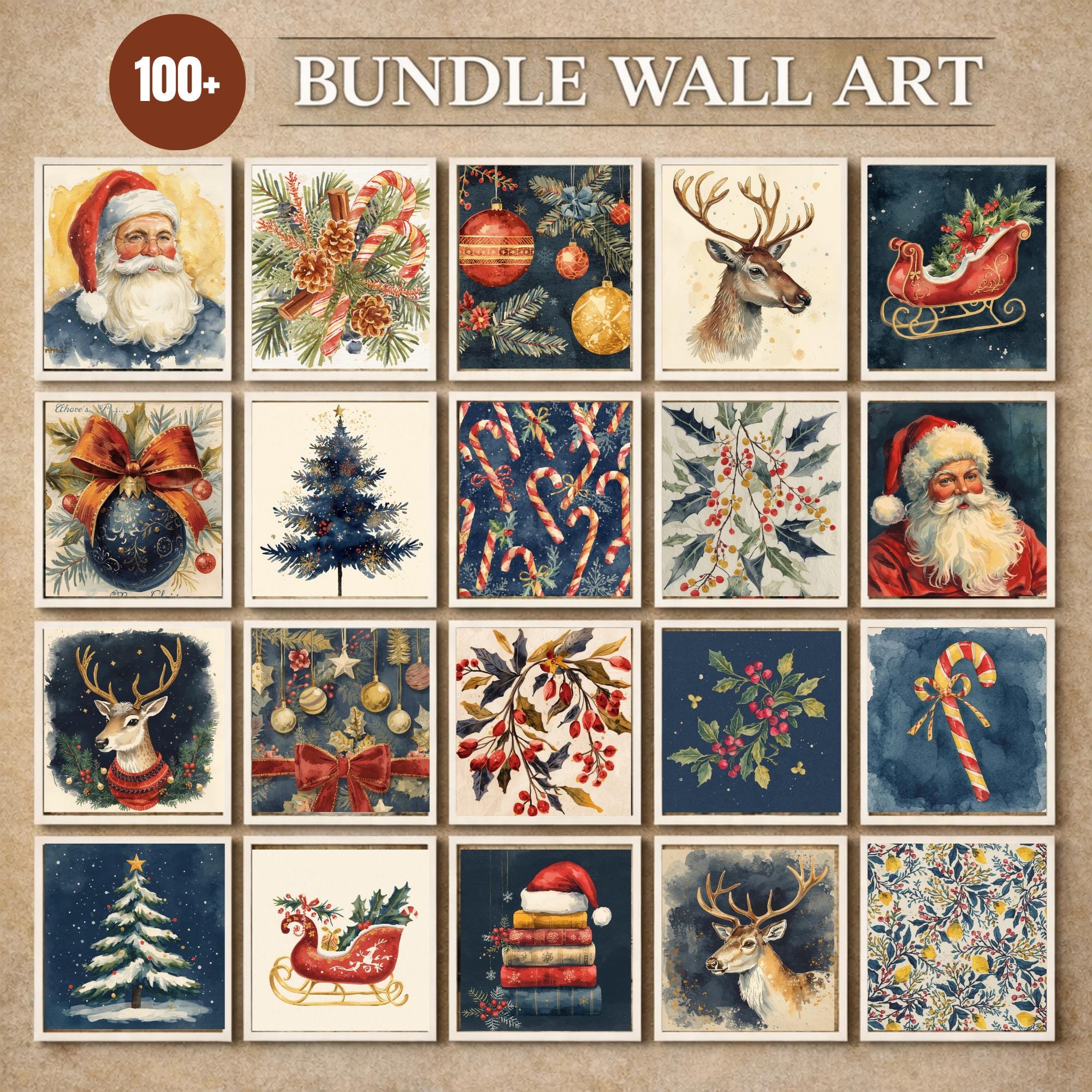 Mega Bundle di stampe quadrate con oltre 100 stampe natalizie ad acquerello, decorazioni natalizie vintage, arte murale invernale