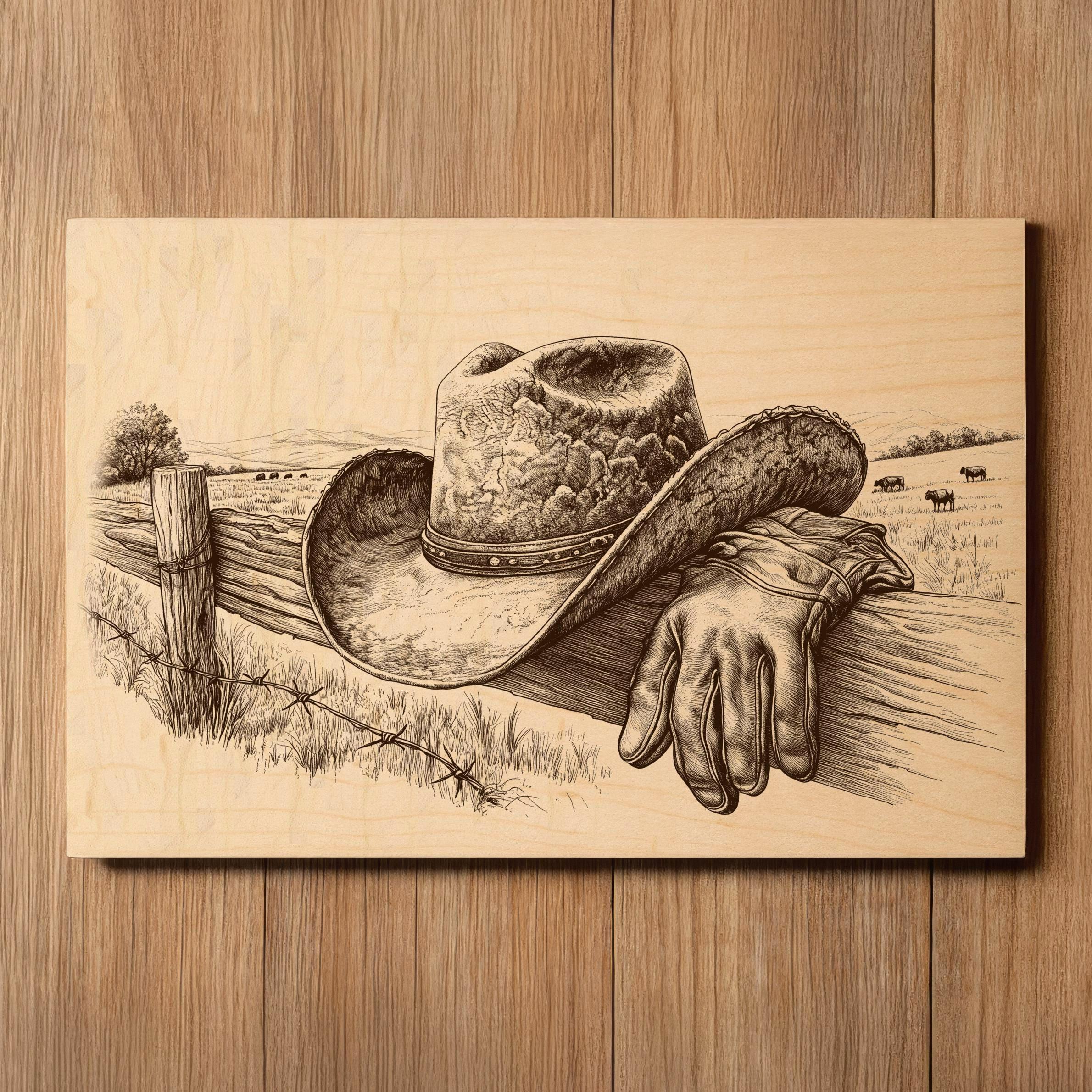 File per incisione laser di cappelli da cowboy - Pronto per incidere PNG - Scena di vita in fattoria - Arte contadina - File di masterizzazione laser