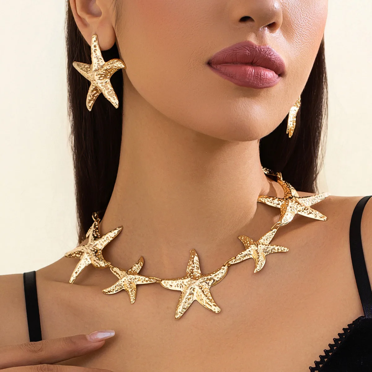 Salircon 2026 Exquisite Boho Vintage Große Metall-Seestern-Choker-Halskette mit Ohrhängern für Damen – Trendiger Charm-Schmuck für Party und Bankett