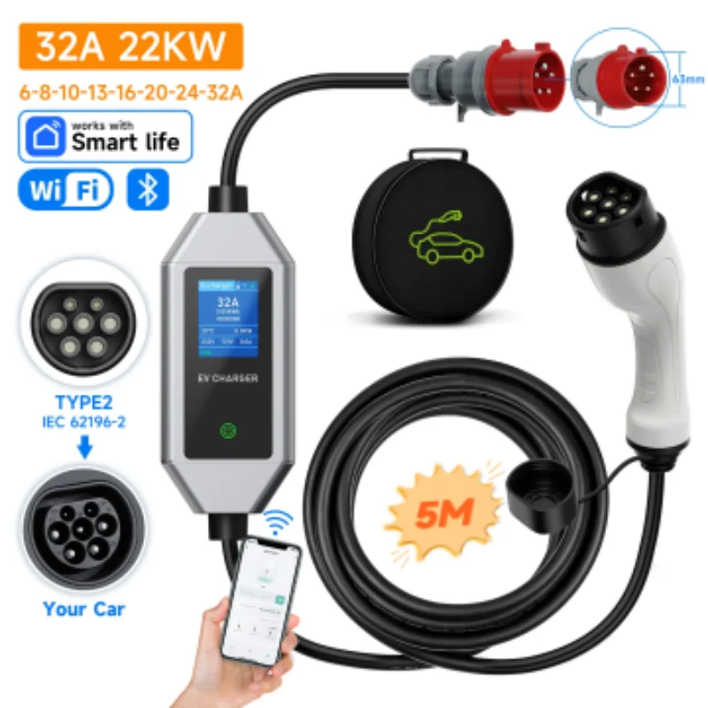 JNTAFEV 22kW Elektrofahrzeug-Ladegerät 32A 3-Phasen Typ2 Tragbares Ladegerät Wallbox Schnellladegerät mit WLAN-App und Bluetooth-Steuerung Image