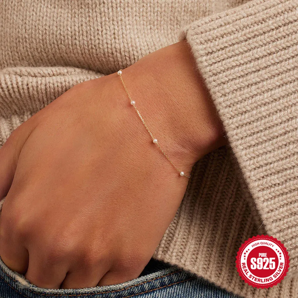 AIDE Echtes 925 Sterling Silber Perlenarmband Mode Schneewittchen 4 Perlen Braut Armband Für Frauen Freundin Schmuck Für Frauen Image