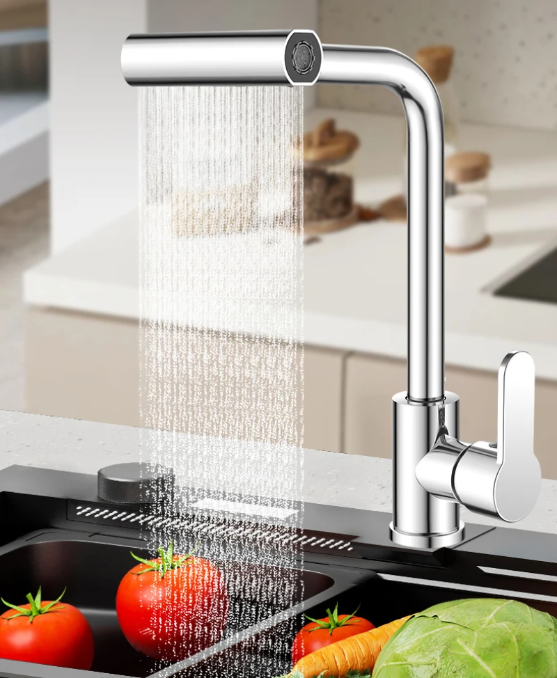 Grau/Nickel 304 Edelstahl Küchenarmatur Wasserfall-Mischbatterie Multifunktions-Spültischarmatur Drehbar Warm- und Kaltwasserhahn