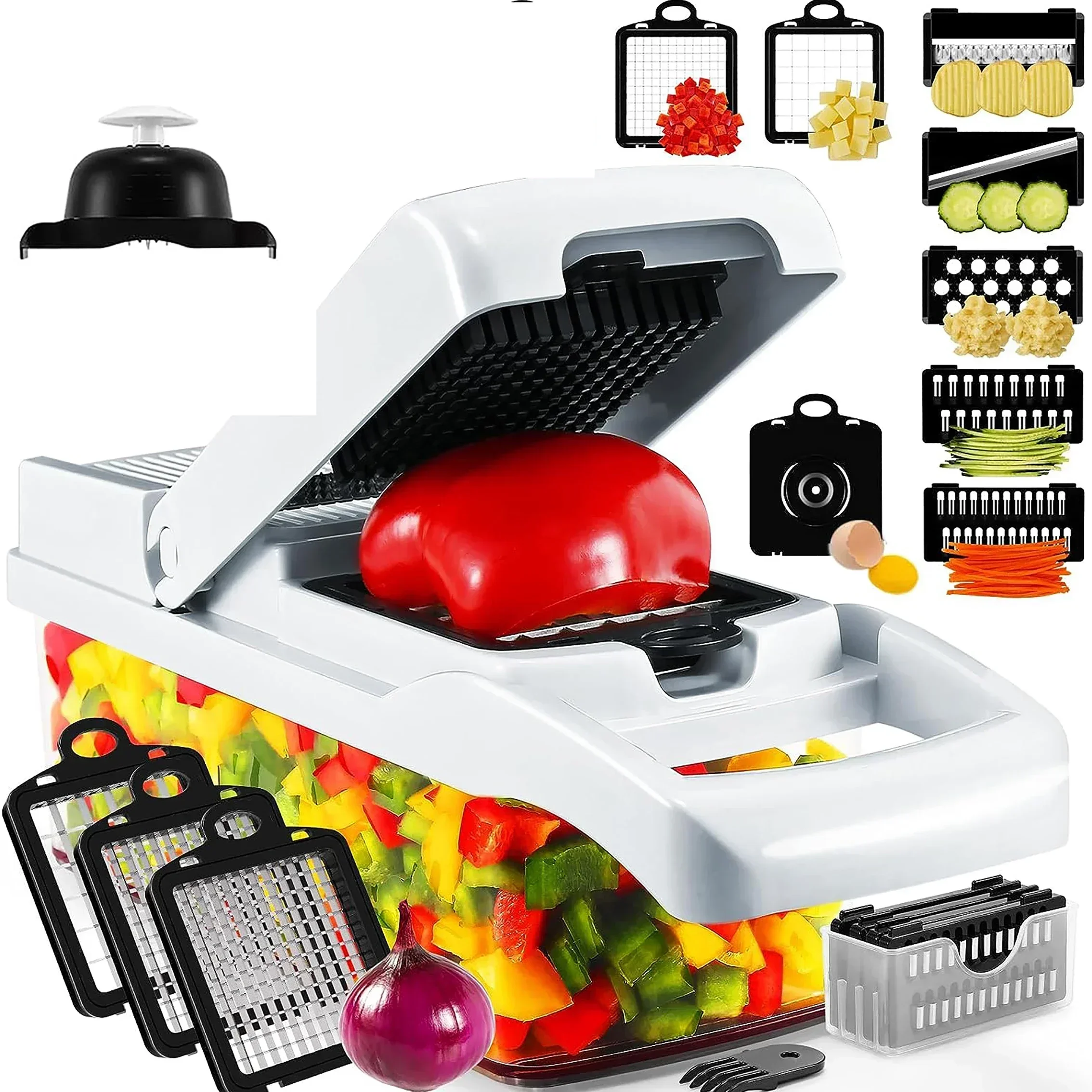 12-in-1 multifunktionaler Gemüseschneider, Lebensmittelzerkleinerer, Kartoffelschneider, Karottenreibe, Zwiebelzerkleinerer, Salatschneider, Küchenhelfer Image