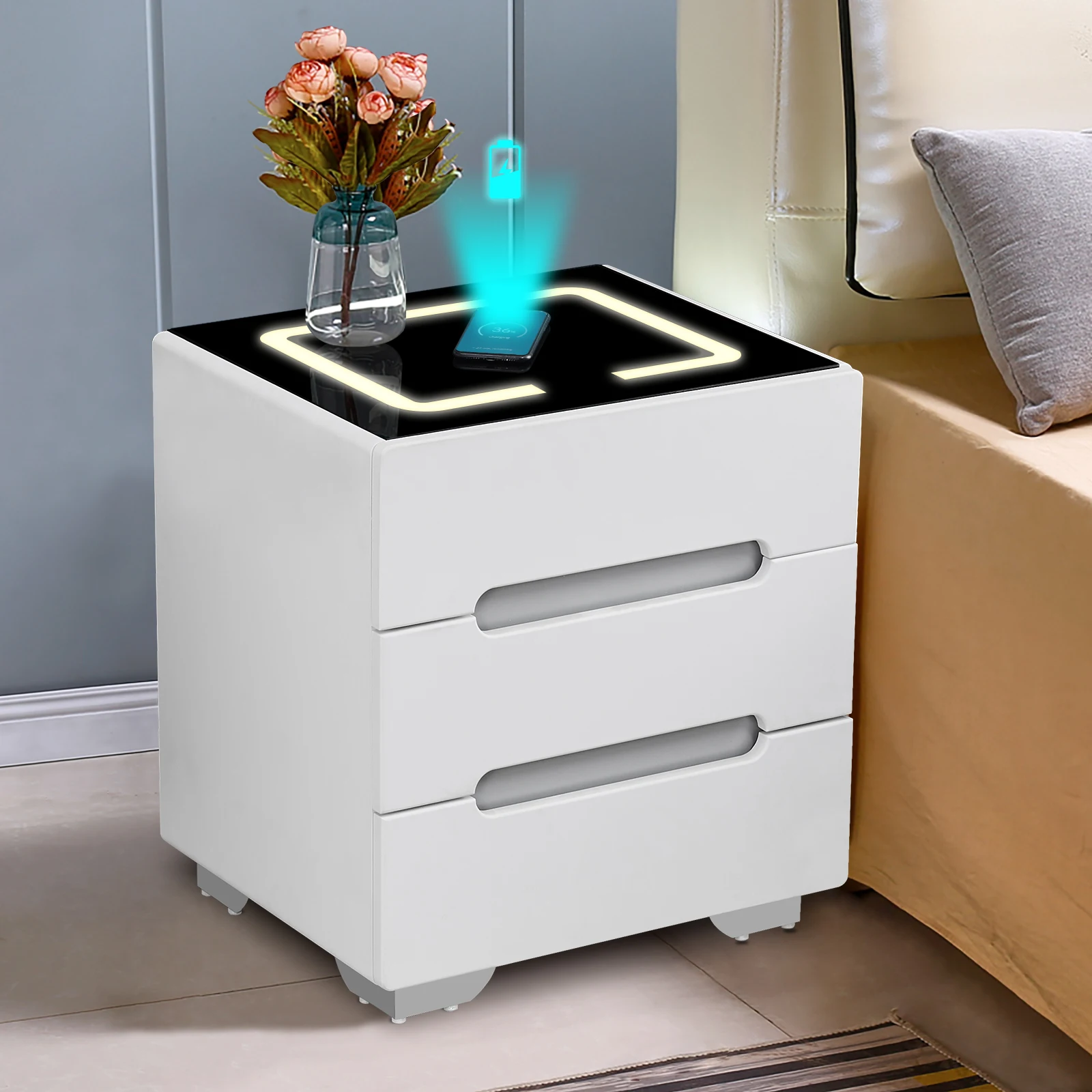 CLIPOP Smarter Nachttisch mit Kabelloser Ladestation, LED-Nachttisch mit Schubladen, Moderner Nachttisch für Schlafzimmer und Zuhause