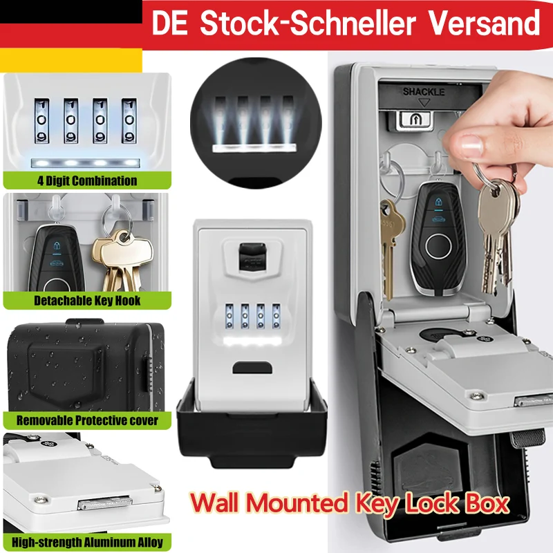 Wandmontierter Schlüsselsafe für Zuhause & Reisen Hotel-Sicherheitsbox 4-stellige Zahlenkombination Outdoor-Schlüsselsafe mit LED-Licht Image