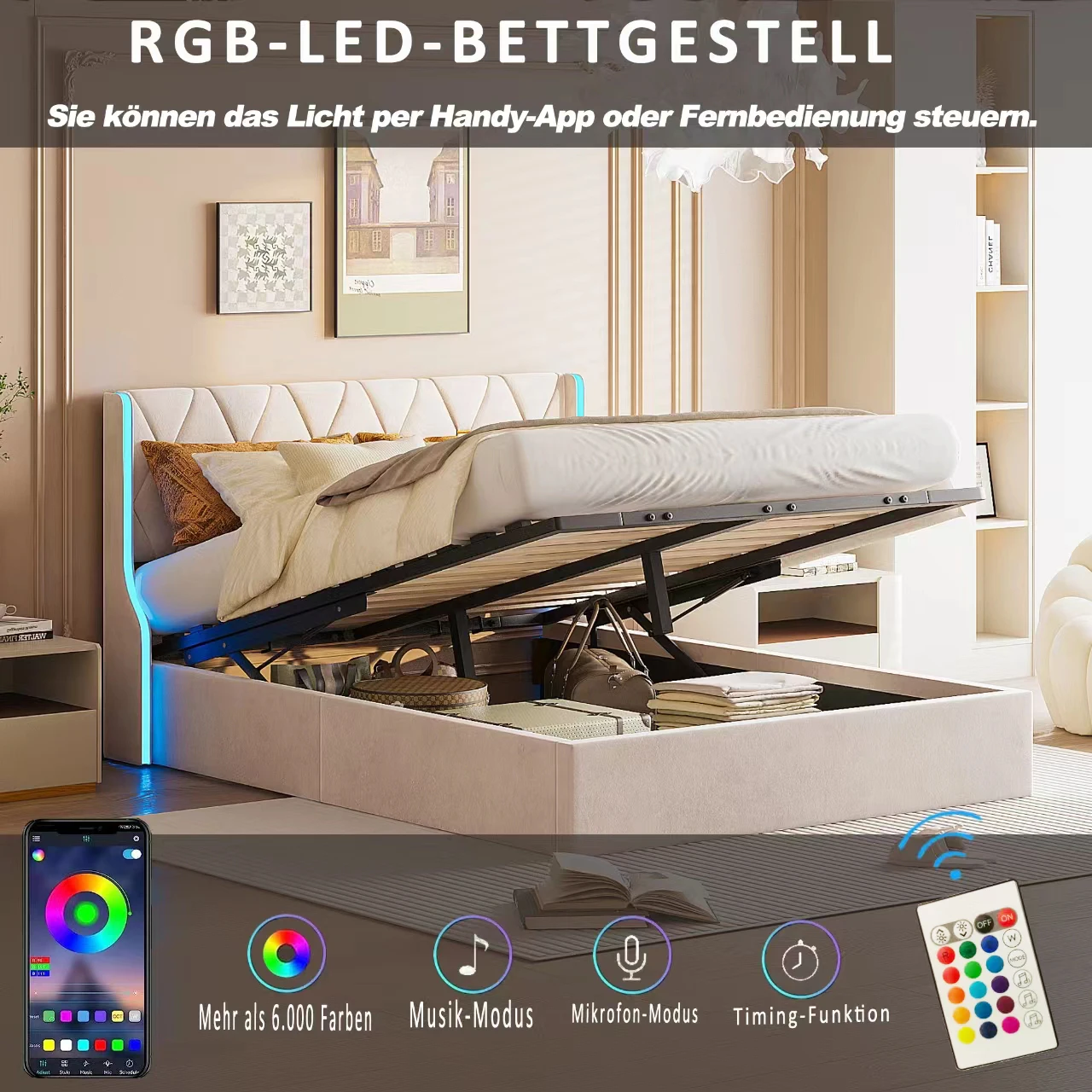Bett 140x200 cm, Polsterbett mit Hydraulischem Stauraum und LED-Kopfteil, Doppelbett Stauraumbett mit Lattenrost, Funktionsbett Image