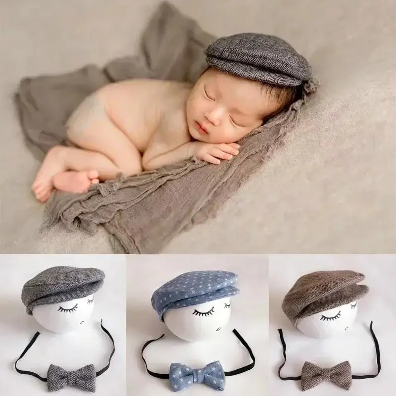 Neugeborenen Foto Requisiten Baby Jungen Baskenmütze Hut + Fliege Set Neugeborenen Neugeborenen Fotografie Requisiten Gentleman Kappe Foto Outfit Image