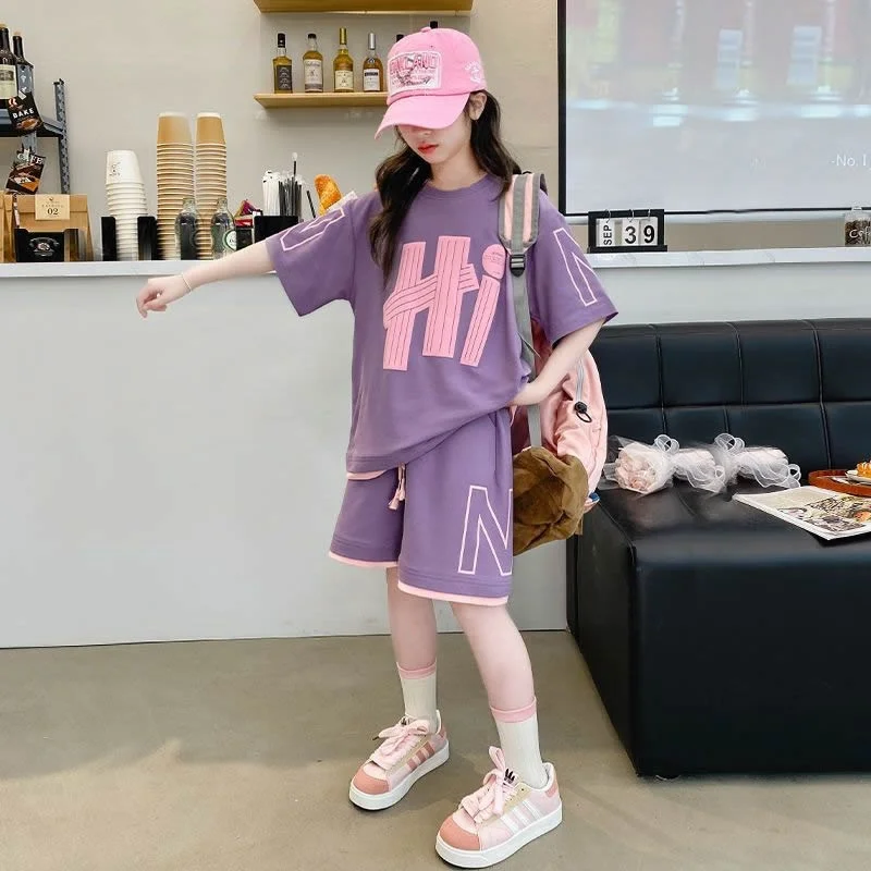 Mädchen-Sets mit Buchstaben-Print, Sommer, neue Kinder-Kurzarm-Tops + Shorts, 2-teilige Outfits, lockere, lässige T-Shirts, Anzüge, Kinderkleidung, 5–14 Jahre Image